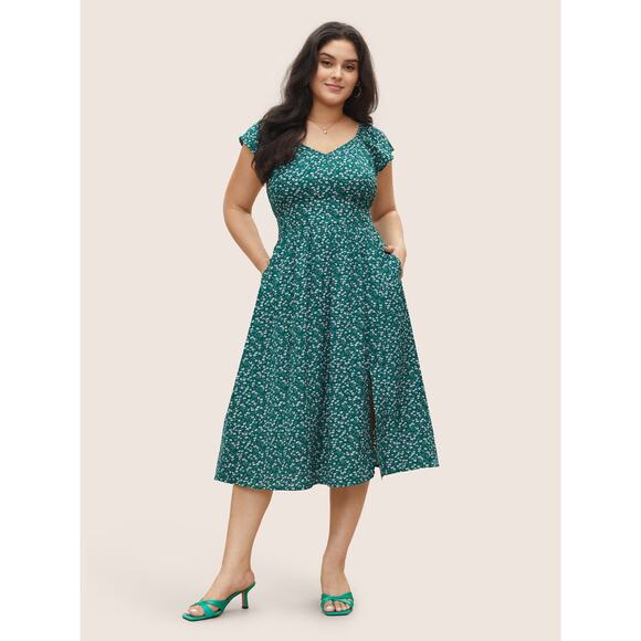 4X 26 Plus Size BloomChic Rare Floral Shirred Cap Sleeves Pocket Midi Dress - Picture 1 of 6
